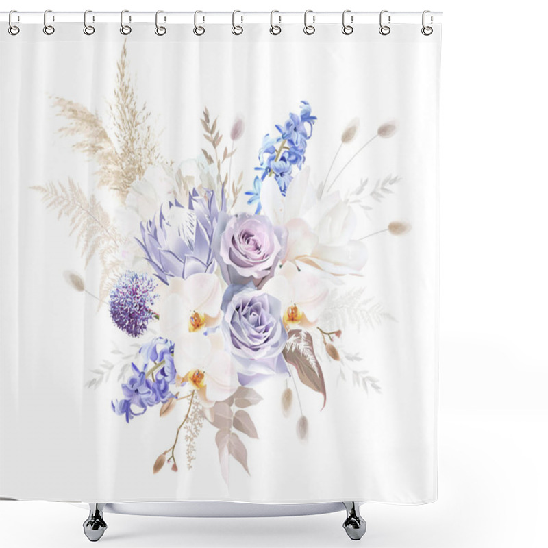 Personality  Pale Purple Rose, Dusty Mauve And Lilac Hyacinth, Allium, White Magnolia, Orchid, Lagurus Shower Curtains