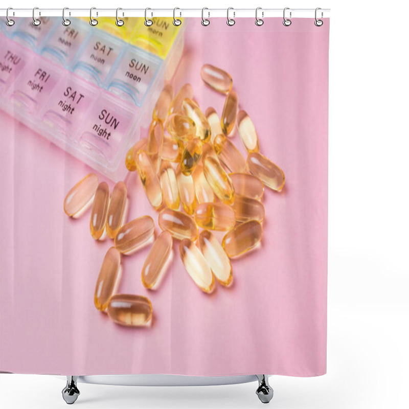 Personality  Organizer For Medical Pills On A Pink Isolated Background Close-up. Organization Of Taking Pills Of The Day. Transparent Vitamins Lie Nearby. Shower Curtains