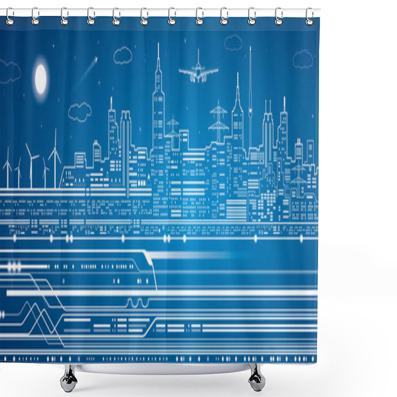 Personality  Vector Lines Train, Train On The Background Of The Light City, Train Go, Airplane Fly Shower Curtains