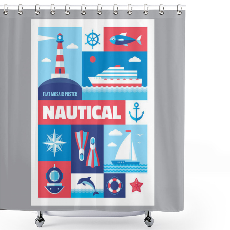 Personality  Nautical - Mosaic Poster With Icons In Flat Design Style. Vector Icons Set. Set Of Icons Marine. Design Elements. Shower Curtains