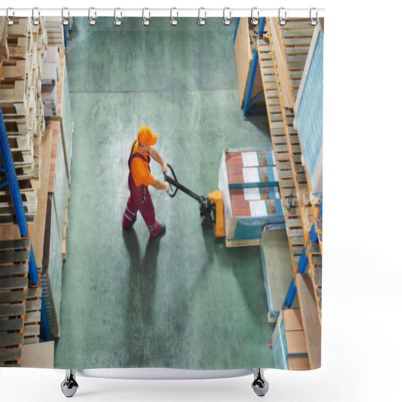 Personality  Worker With Fork Pallet Truck Shower Curtains