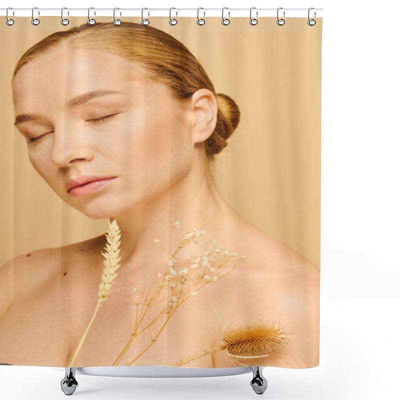 Personality  A Serene Plus Size Woman Embraces Natural Beauty, Adorned With Flowers In Soft, Warm Light. Shower Curtains