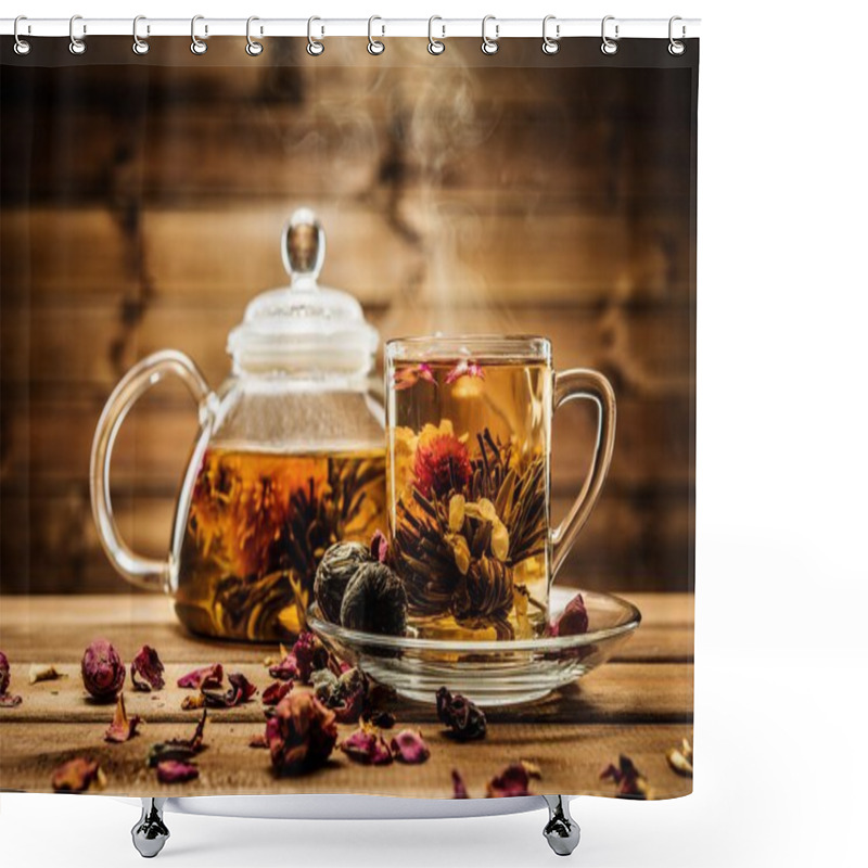 Personality  Teapot And Glass Cup With Blooming Tea Flower Inside Against Wooden Background Shower Curtains