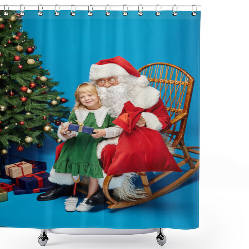 Personality  Joyful Girl With Prosthetic Leg Holding Present Near Santa Claus Next To Christmas Tree On Blue Shower Curtains