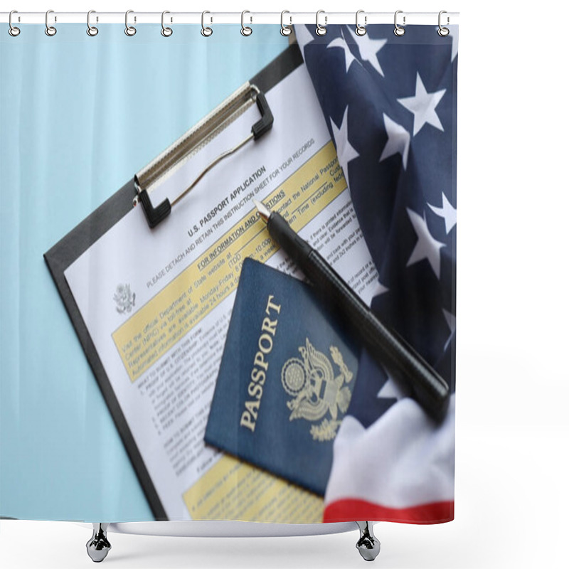 Personality  Department Of State Form DS11 Application For A U.S. Passport Lies On Table And Ready To Fill Close Up. Paperwork During Operations With US Passport Concept Shower Curtains