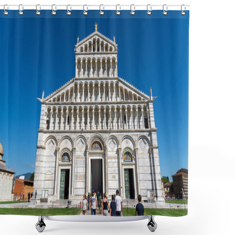 Personality  The Entrance Of The Cathedral Santa Maria Assunta Photographed From Below At A Wide Angle Against A Blue Sky. In The Foreground Tourists. Shower Curtains