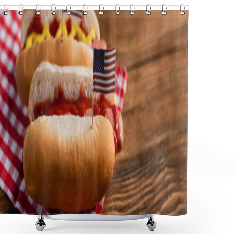 Personality  Tasty Hot Fogs With Small American Flags On Wooden Table, Banner Shower Curtains