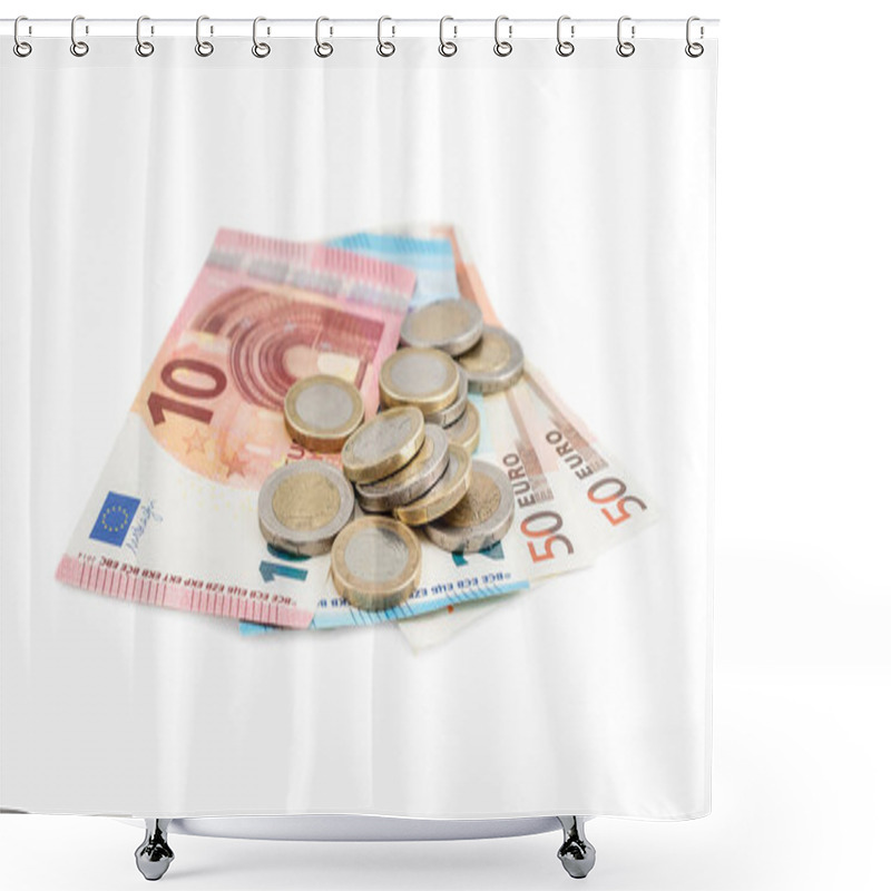 Personality  Euro Coins With Euro Bills On White Background. Business Concept. Shower Curtains