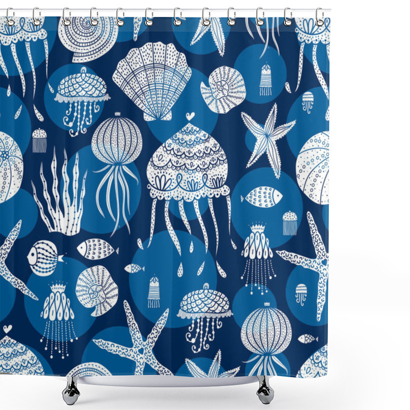 Personality   Cute Seamless Patternwith Jellyfish, Shells, Fish, Starfish And Algae. Shower Curtains