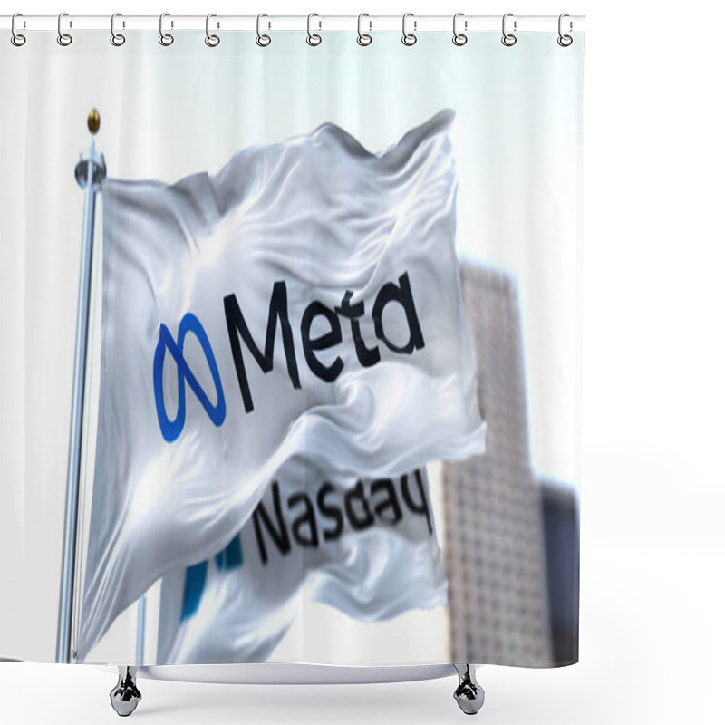 Personality  Menlo Park, CA, USA, October 28 2021: The Flags Of Meta And Nasdaq Waving In The Wind. Meta Is A Technology Company That Will Replace Facebook Inc. Shower Curtains