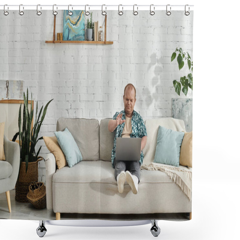 Personality  A Man With Inclusivity Is Sitting On A Couch In A Home Office Setting, Working Diligently On His Laptop. Shower Curtains