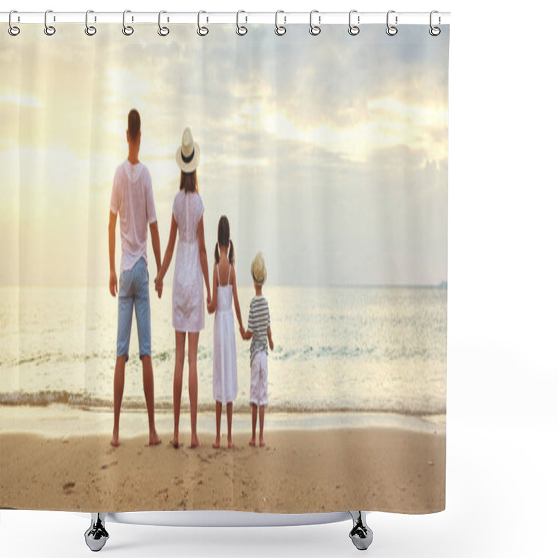 Personality  Happy Family Father, Mother And Children Back  On Beach At Se Shower Curtains