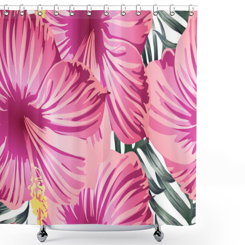 Personality  Green Red Exotic Pattern. Monstera Leaves And Hibiscus Flowers In Summer Print.  Saturated Large Floral Swimwear Print. Horizontal California Natural Texture Design. Hypernatural Botanic Design. Shower Curtains