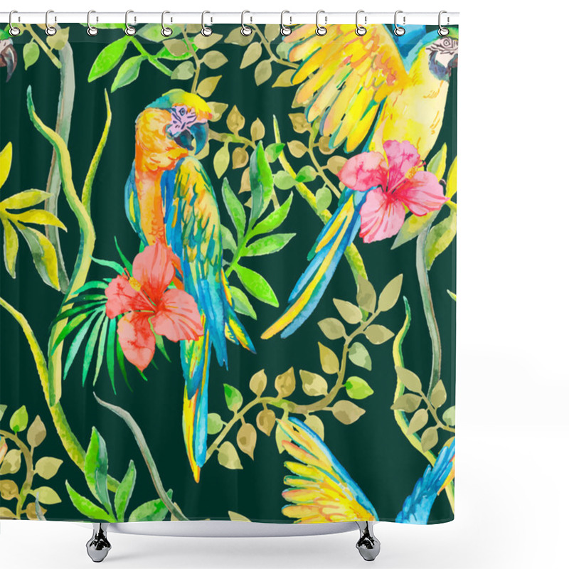 Personality  Macaw Seamless Pattern. Topical Flower And Leaves, Hibiscus. Tropical Parrot. Exotic. Vector For Your Design. Shower Curtains