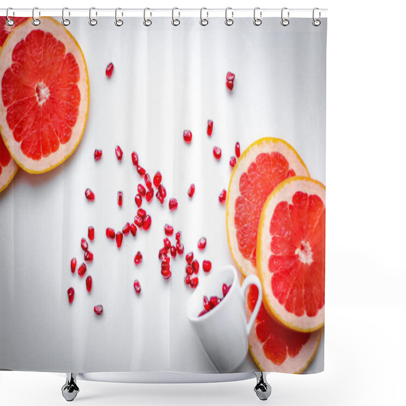 Personality  Bright Grapefruit Slices And Pomegranate Seeds On White Surface And In Espresso Coffee Cup Shower Curtains