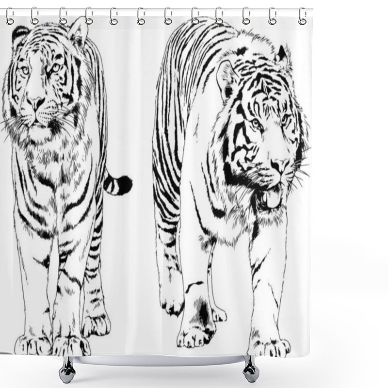 Personality  Set Of Vector Drawings On The Theme Of Predators Tigers Are Drawn By Hand With Ink Tattoo Logos Shower Curtains