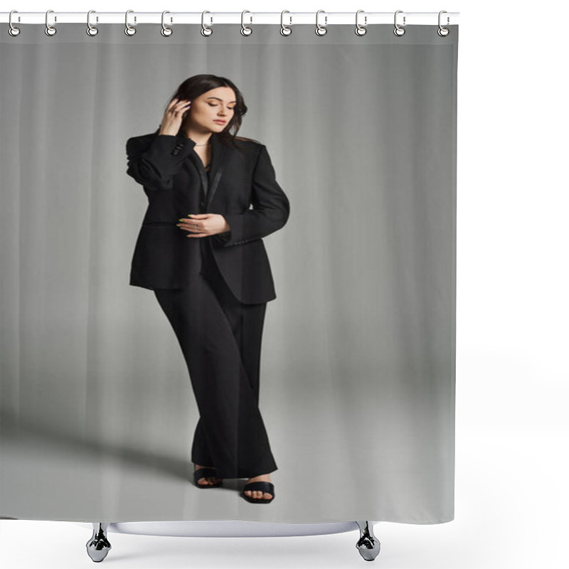 Personality  A Stunning Plus Size Woman Exudes Confidence In A Black Suit, Posing Gracefully Against A Sleek Grey Backdrop. Shower Curtains