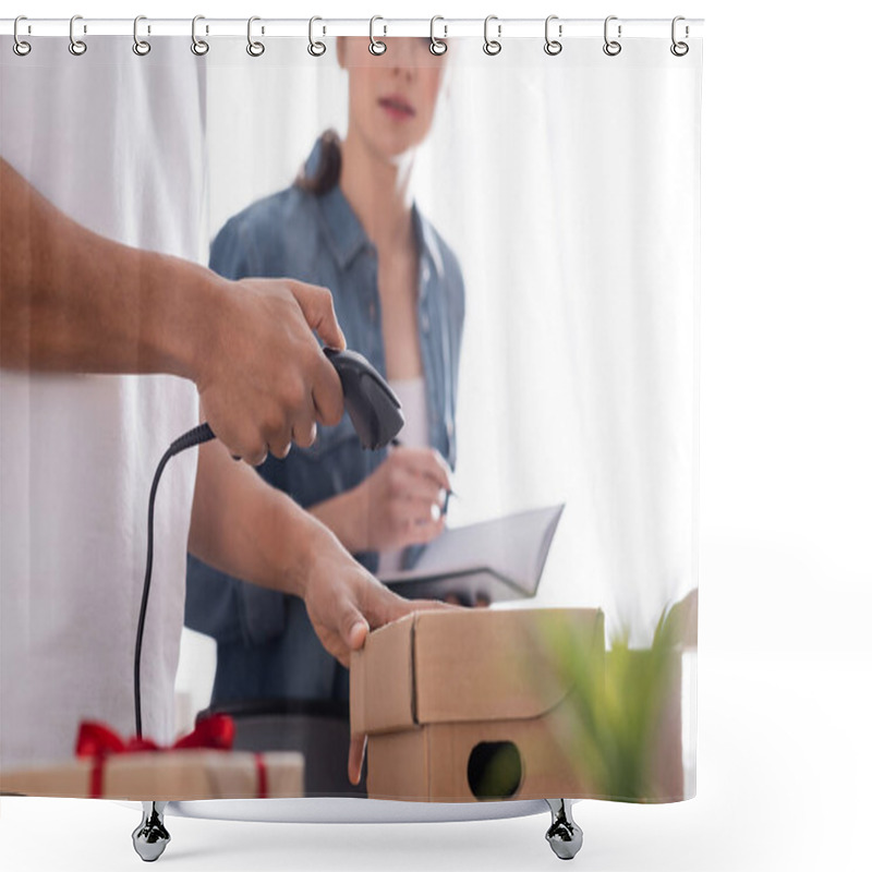 Personality  Cropped View Of African American Seller Scanning Carton Box Near Colleague In Online Web Store  Shower Curtains