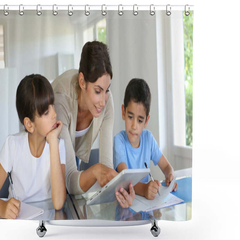 Personality  Woman Teaching Class To School Children With Digital Tablet Shower Curtains