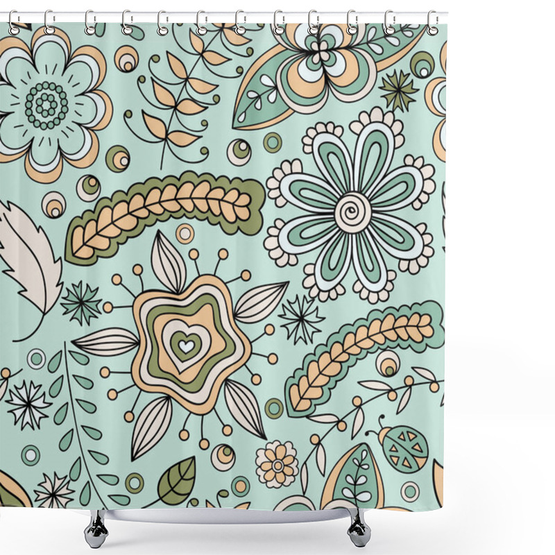 Personality  Vector Seamless Pattern With Hand Drawn Abstract Floral Elements In Green And Orange Colors. There Is A Swatch In The Panel. All Elements Are Not Cut Off And Hidden Under Mask.  Shower Curtains