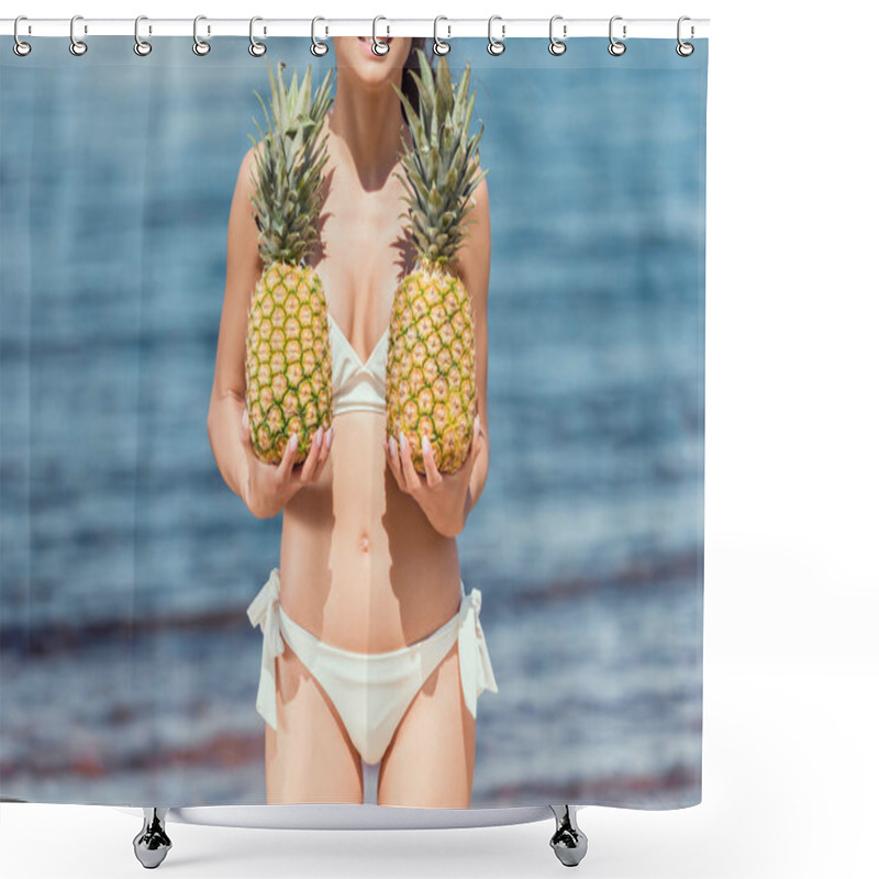 Personality  Cropped View Of Slim Girl In White Bikini Holding Fresh Pineapples Near The Sea Shower Curtains