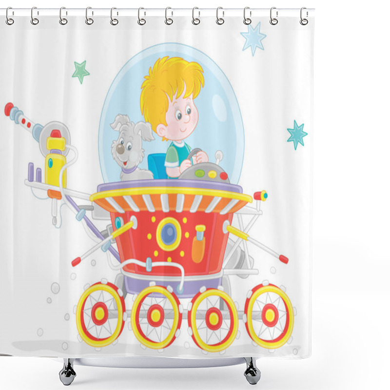 Personality  Little Boy With His Small Pup Piloting A Toy Lunar Rover In An Expedition Somewhere Beyond The Planet Earth, Vector Cartoon Illustration On A White Background Shower Curtains