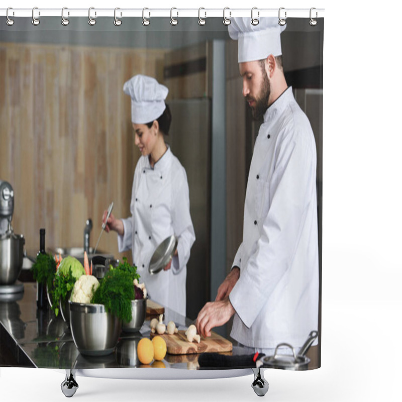 Personality  Professional Chefs Busy Cooking By Kitchen Table Shower Curtains