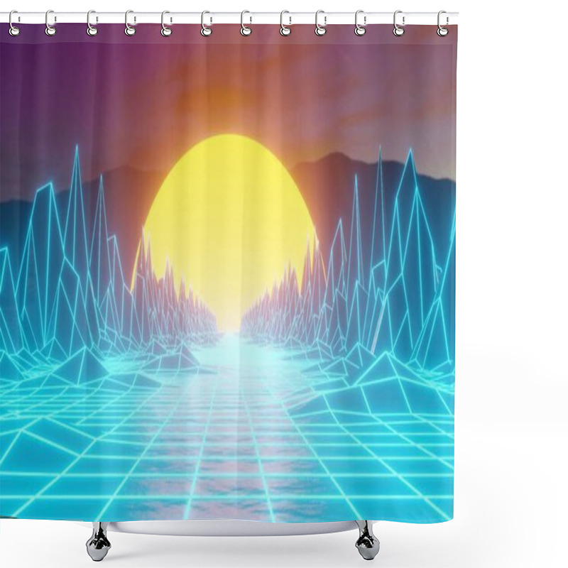 Personality  80's Scene, Synthwave And Retrowave Music Disco Background. Futuristic Cyber Surface 4k 3d Render Illustration Shower Curtains