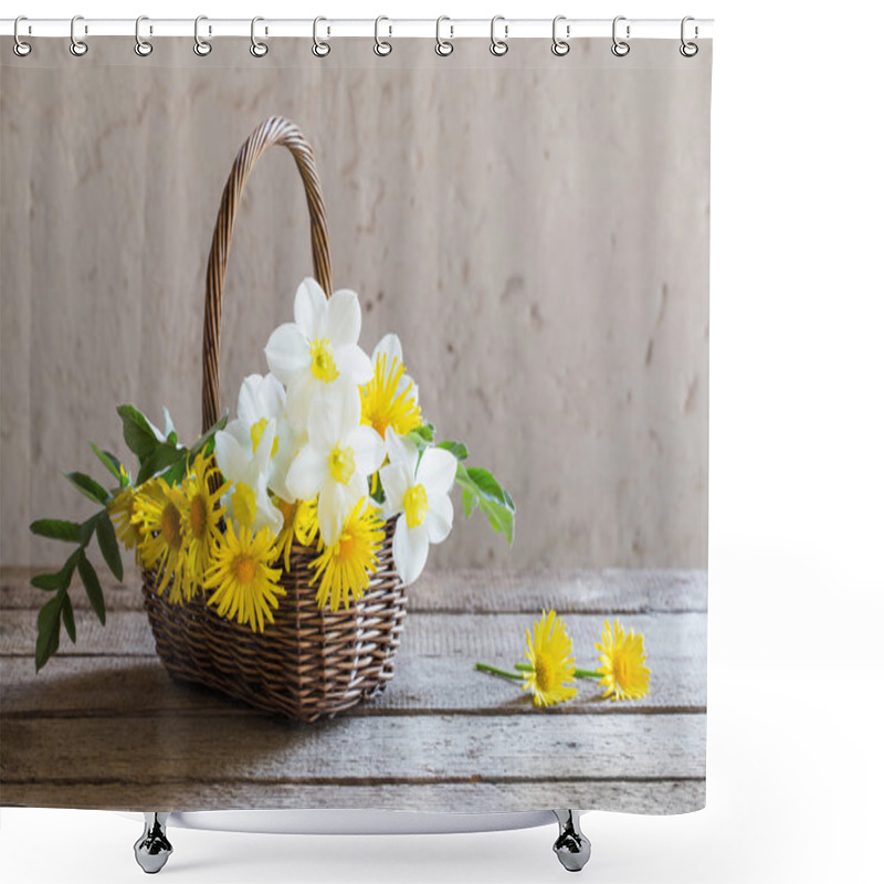 Personality  Spring Flowers In Basket On Wooden Background Shower Curtains