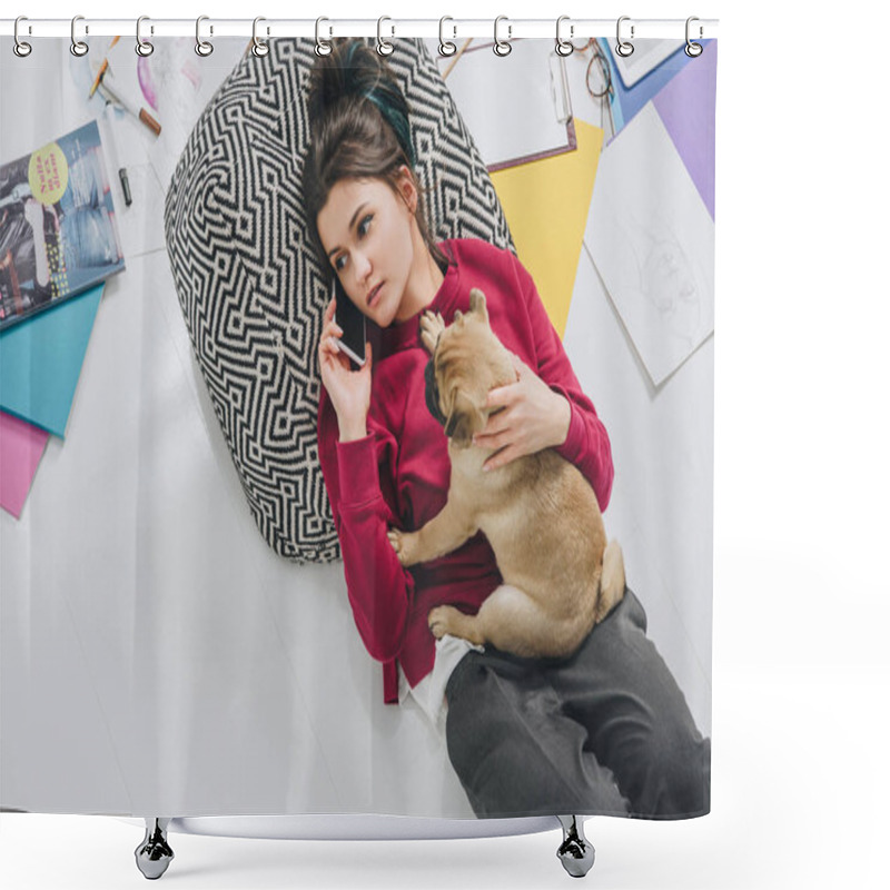 Personality  Attractive Young Girl Talking On Phone With Pug Among Sketches And Magazines Shower Curtains