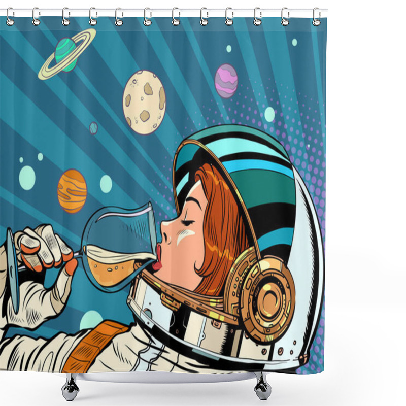 Personality  Astronaut Woman Drinks A Glass Of Wine. Alcoholic Party, New Year Holiday. Pop Art Retro Vector Illustration 50s 60s Vintage Kitsch Style Shower Curtains