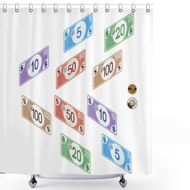 Personality  Canadian Money, Bills 5, 10, 20, 50 & 100, Coins 1 & 2 Dollars. Full Color Graphic Renderings Shower Curtains