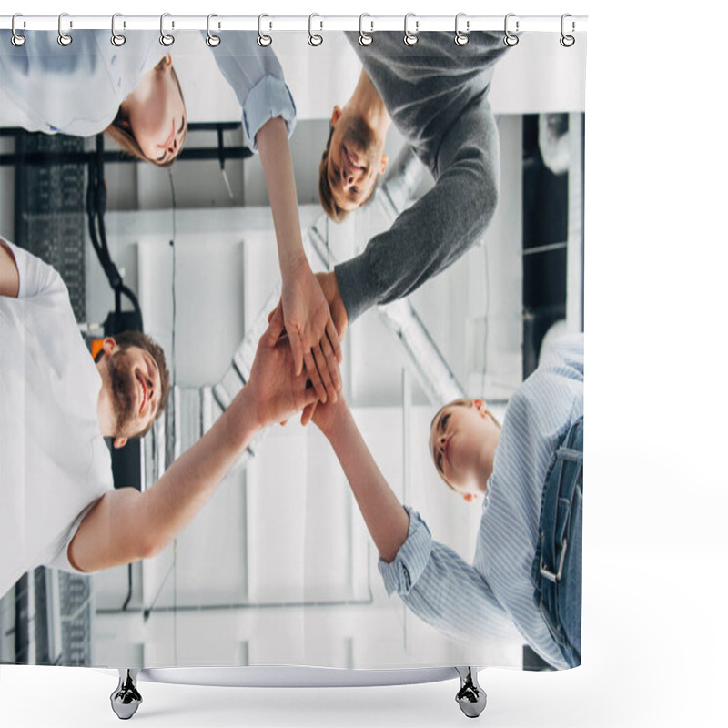 Personality  Bottom View Of Smiling Coworkers Looking At Each Other While Holding Hands In Office  Shower Curtains