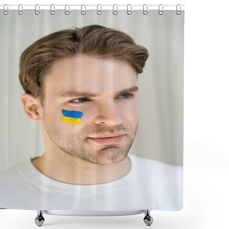 Personality  Portrait Of Patriotic Man With Unkrainian Flag Painted On Face Isolated On Grey Shower Curtains