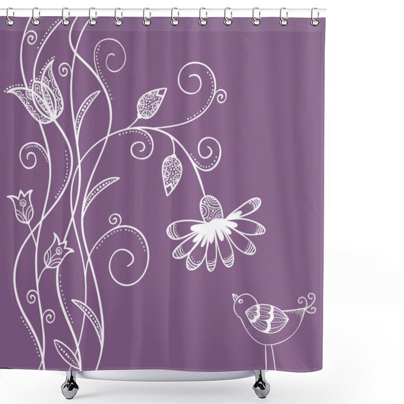 Personality  Doodle Flowers With Swirls And Bird Shower Curtains