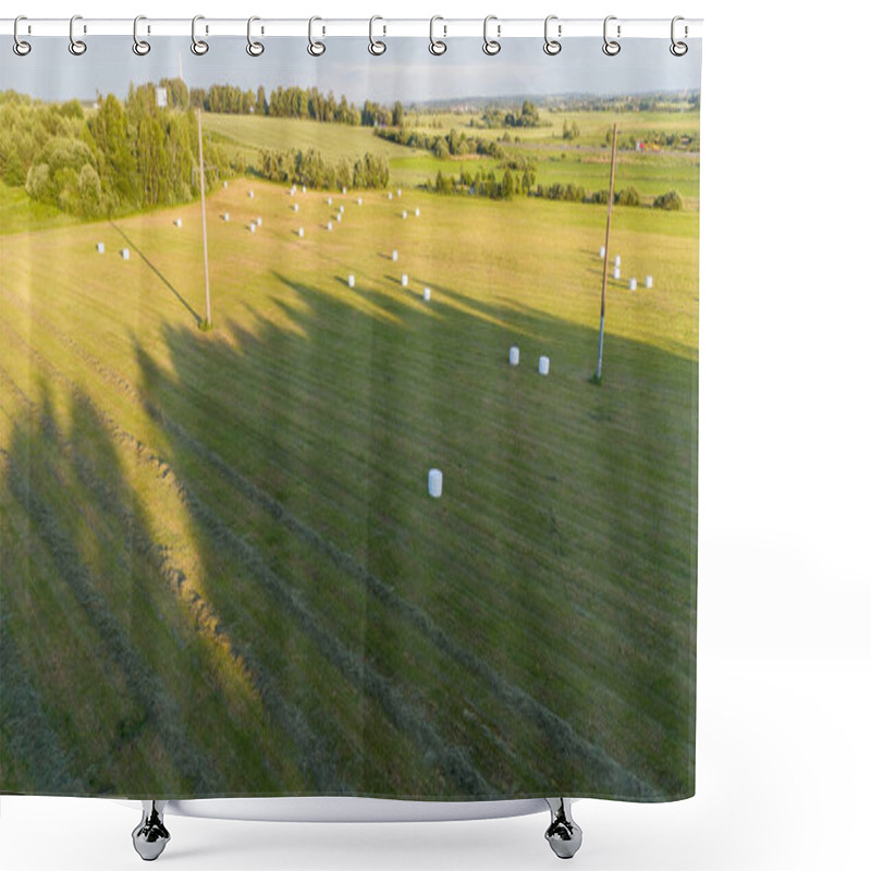 Personality  Aerial View Of A Rural Field With Hay Bales Scattered Across The Landscape, Surrounded By Trees And Power Lines Casting Long Shadows. Shower Curtains