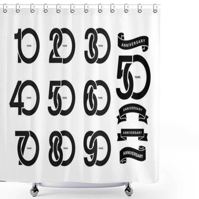 Personality  Set Of Anniversary Pictogram Icon. Flat Design. 10, 20, 30, 40, 50, 60, 70, 80, 90, Years Birthday Logo Label, Black And White Stamp. Vector Illustration. Isolated On White Background Shower Curtains