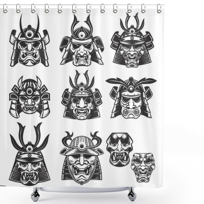 Personality  Set Of Samurai Masks And Helmets On White Background. Design Ele Shower Curtains