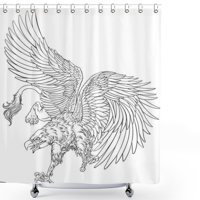 Personality  Flying Griffin, Griffon, Or Gryphon. A Mythical Beast Having The Body Of A Lion And The Wings And Head Of An Eagle. Black And White Outline Vector Illustration Shower Curtains