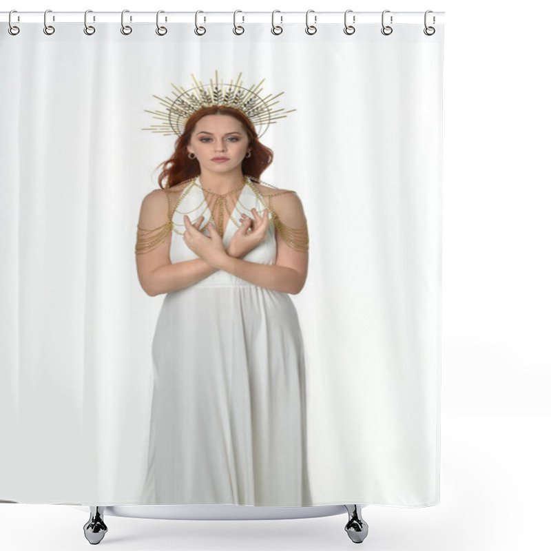 Personality  Portrait Of Beautiful Red Head Woman Wearing Long Flowing Fantasy Toga Gown With Angelic  Golden Halo Crown On Studio Background Shower Curtains