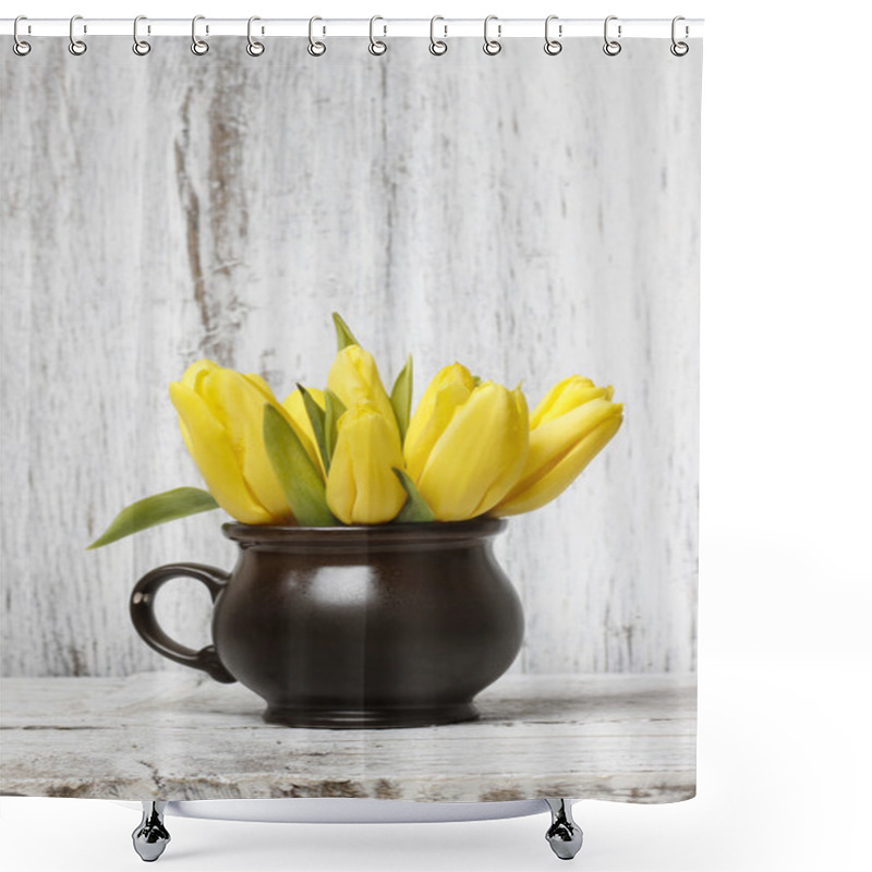 Personality  Small Bouquet Of Yellow Tulips On White Wooden Background Shower Curtains