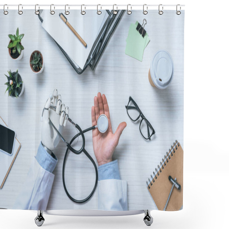 Personality  Partial View Of Male Doctor With Prosthetic Arm Holding Stethoscope  Shower Curtains