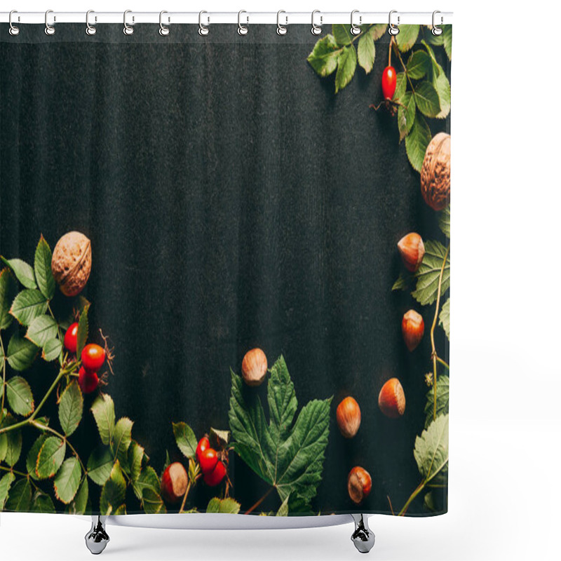 Personality  Flat Lay With Autumn Plants Arrangement On Black Background Shower Curtains