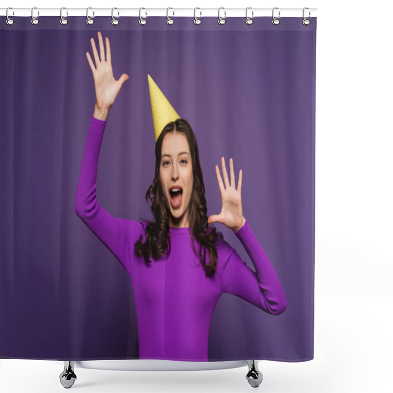 Personality  Excited Girl In Party Cap, With Open Mouth, Gesturing With Hands On Purple Background Shower Curtains