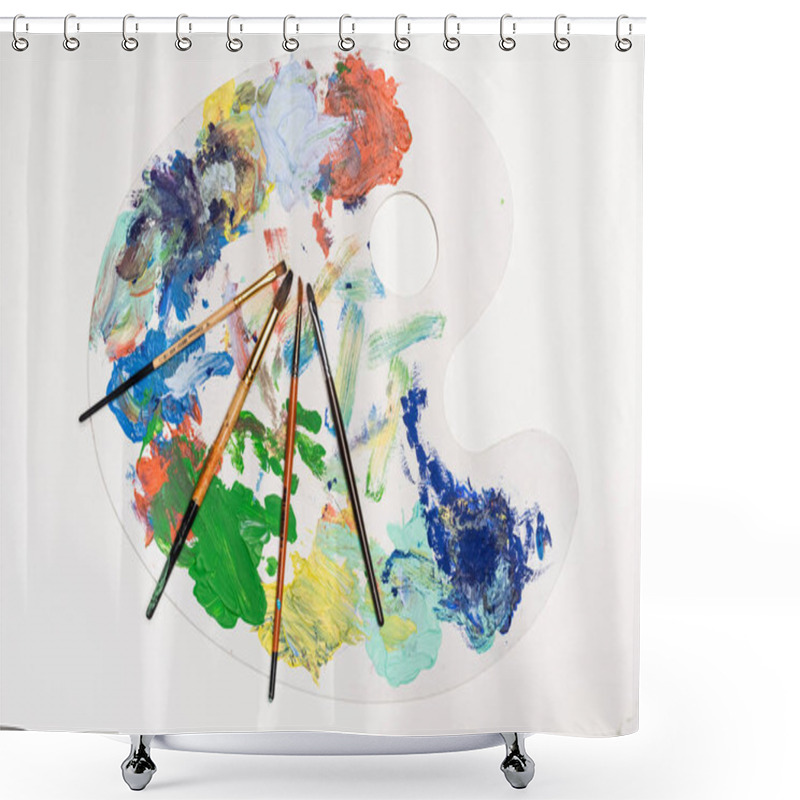 Personality  Top View Of Palette With Paints And Paintbrushes Isolated On White Shower Curtains