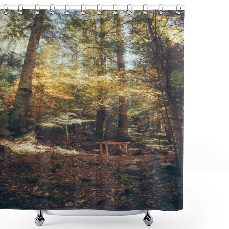 Personality  Table In Scenic Mountain Forest In Carpathians, Ukraine Shower Curtains