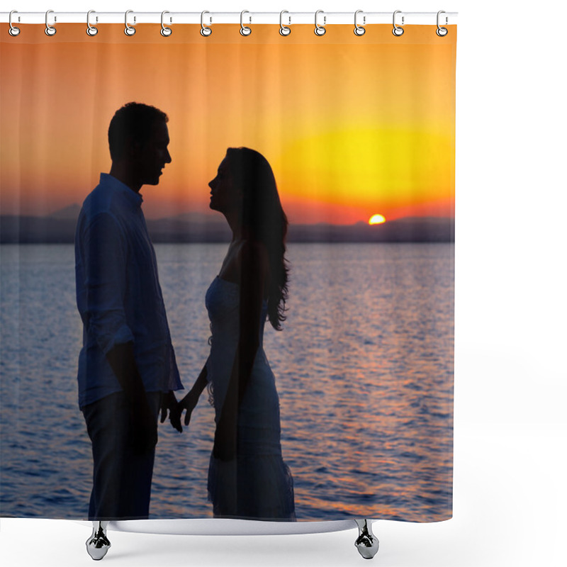 Personality  Couple In Love Back Light Silhouette At Lake Sunset Shower Curtains