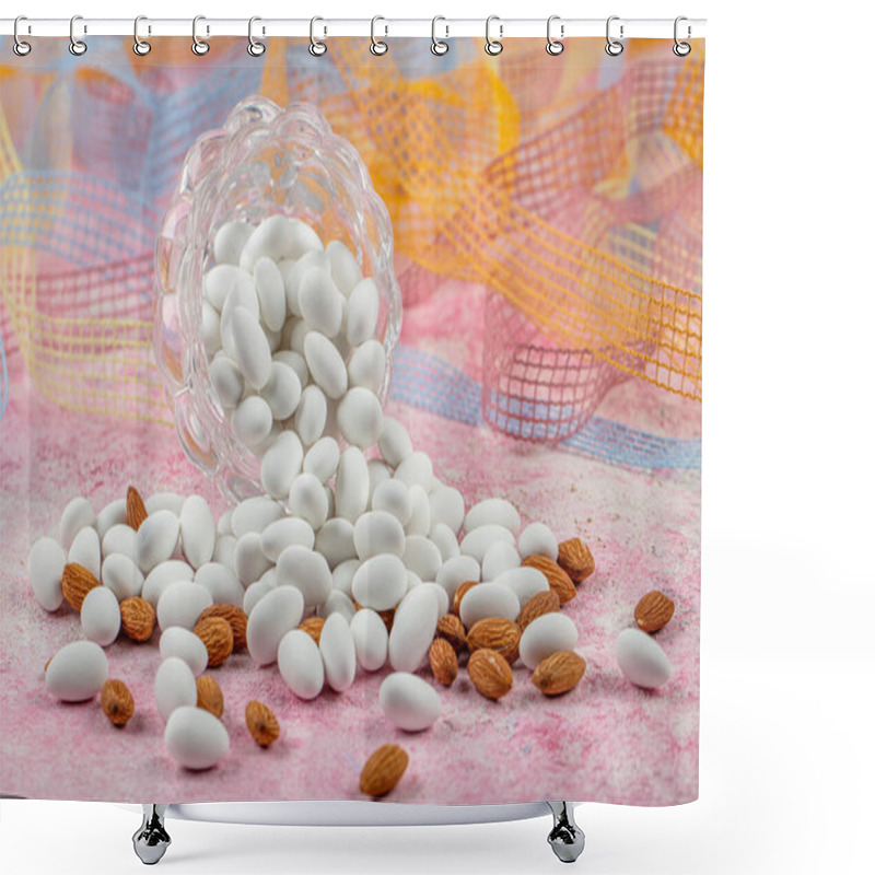 Personality  Close Up Of A Group Of White Sugared Almonds. Almond Candies. Candies Background Top View, Almond Sweets. Sugar Feast, (Feast Of Ramadan) Ramadan Concepts. Shower Curtains