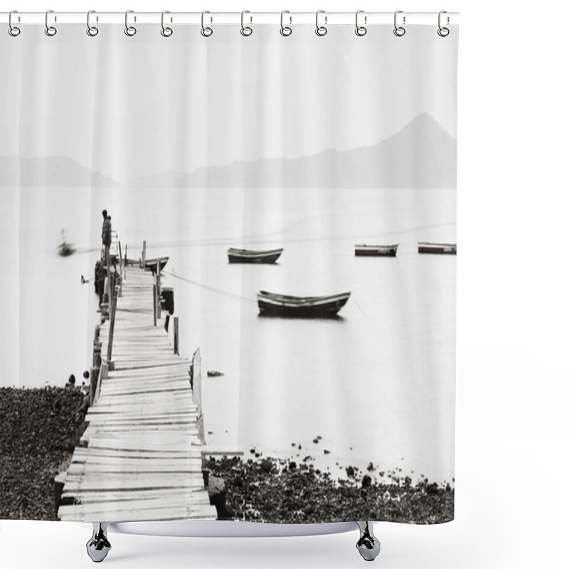 Personality  Lonely Pier Along The Coast, Low Saturation Image. Shower Curtains