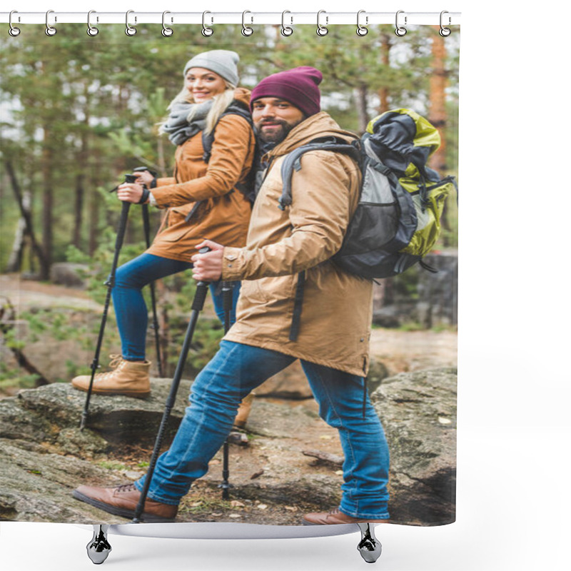 Personality  Couple Trekking In Forest Shower Curtains